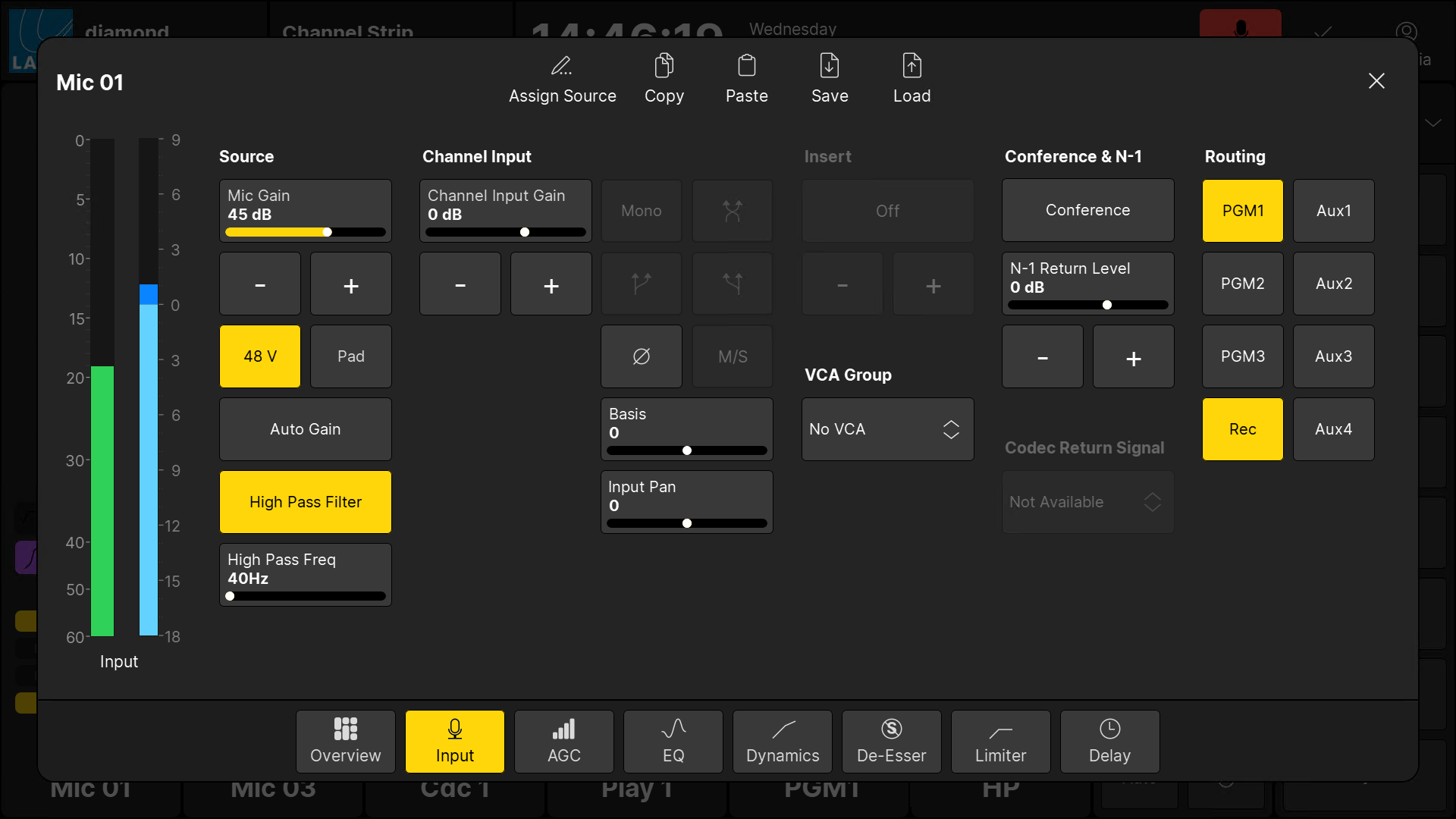 'Source Parameter' dialog box (mono mic source)